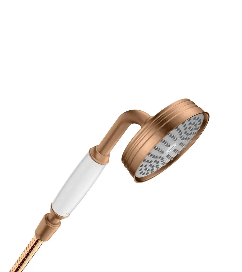 Handbrause mit runder Kopfbrause und gebürsteter Bronze-Oberfläche, verbunden mit einem weißen Griff und einer flexiblen Schlauchleitung, hergestellt von AXOR.